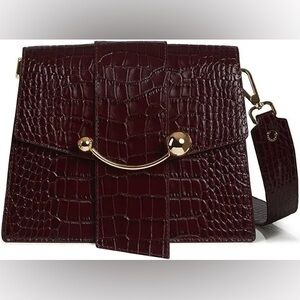 Strathberry Box Crescent Bag in Burgundy Croc Print Embossed Leather